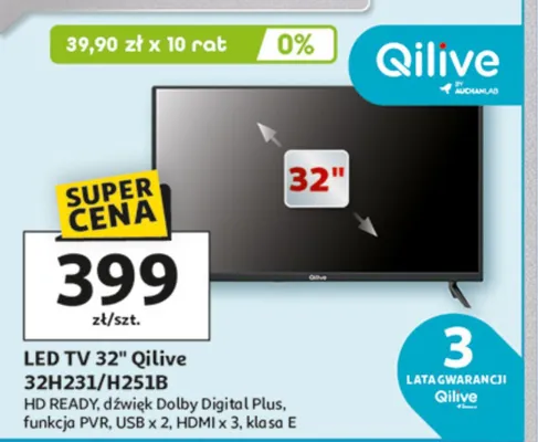 LED TV 32" Qilive 32H2331/H231B HD READY, dźwięk Dolby Digital Plus, funkcja PVR, USB x 2, HDMI x 3, klasa E promocja w Auchan