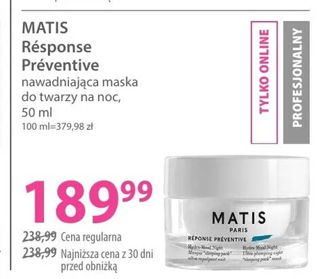 Nawadniająca maska do twarzy na noc Matis Réponse Préventive promocja w Hebe