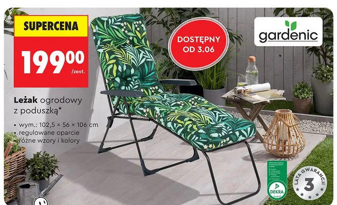 Leżak ogrodowy z poduszką Gardenic wym.: 102,5x56x106cm promocja w Biedronka