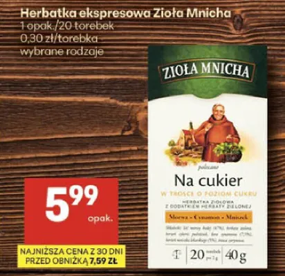 Herbatka ekspresowa Zioła Mnicha Na cukier promocja w Delikatesy Centrum