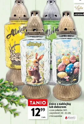 Znicz z naklejką lub dekorem czas palenia 24h wysokość 30-31cm mix wzorów promocja w Intermarche