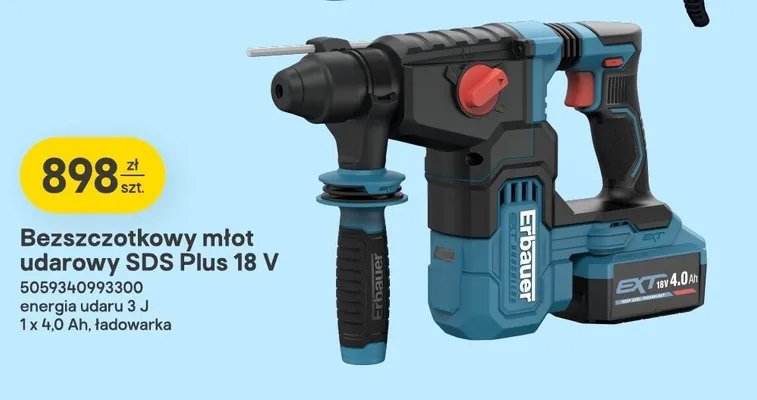Bezszczotkowy młot udarowy SDS Plus 18V Erbauer energia udaru 3J 1x4,0Ah ładowarka promocja w Castorama