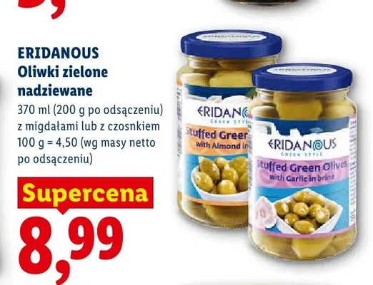 Oliwki zielone nadziewane z migdałami Eridanous promocja w Lidl