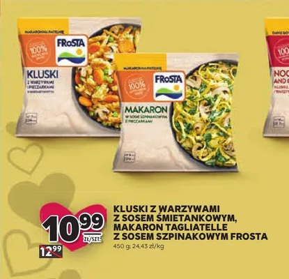 Kluski z warzywami, z sosem śmietankowym, makaron tagliatelle z sosem szpinakowyym FRoSTA promocja w Stokrotka