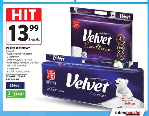 Papier toaletowy Velvet Excellence Premium Comfort promocja w Intermarche