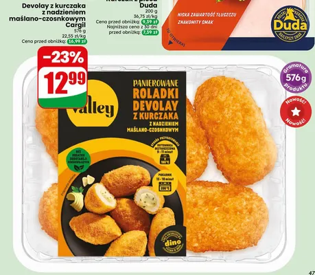Roladki Devolay z kurczaka z nadzieniem maślano-czosnkowym panierowane Valley promocja w Dino
