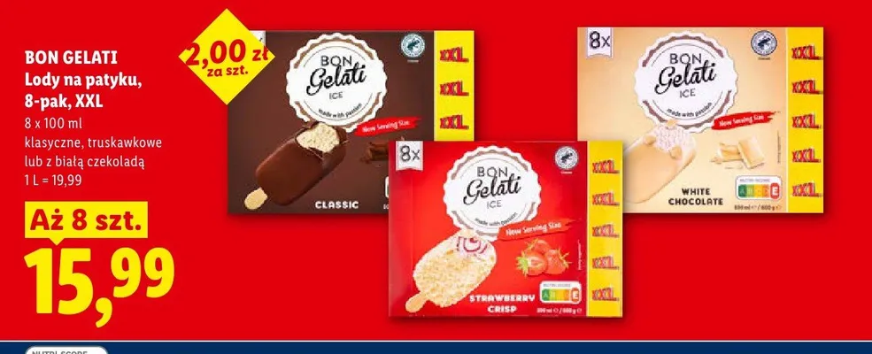 Lody na patyku z białą czekoladą White Chocolate Bon Gelati 8-pak XXL promocja w Lidl