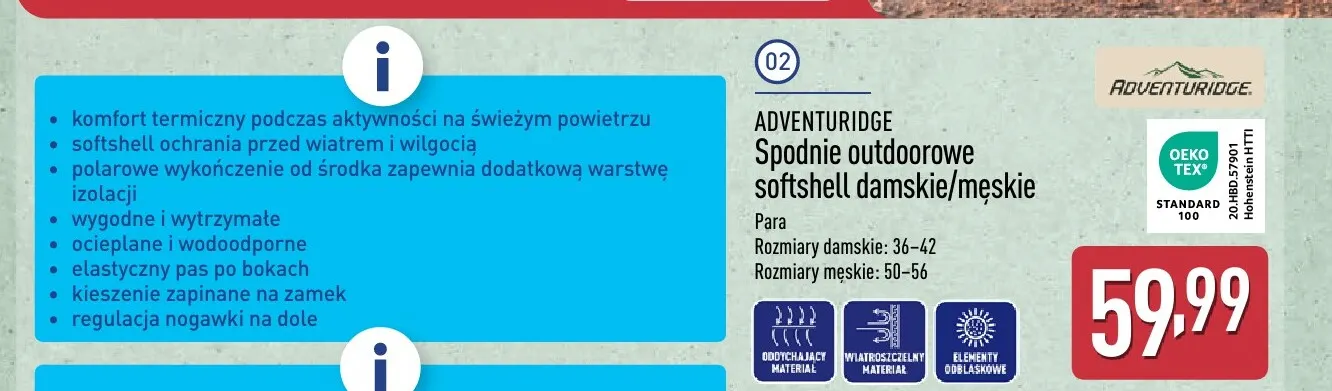 Spodnie outdoorowe softshell damskie Adventuridge promocja w Aldi