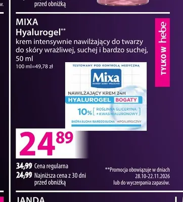 Krem intensywnie nawilżający do twarzy Hyalurogel Mixa promocja w Hebe