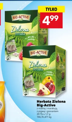 Herbata zielona Big-Active z maliną i marakują promocja w LEWIATAN