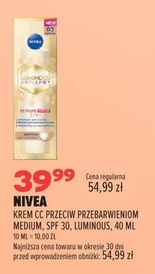 Krem CC przeciw przebarwieniom Medium SPF 30 Luminous Nivea promocja w Drogerie Natura