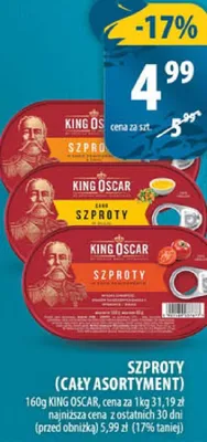 Szproty (cały asortyment) King Oscar promocja w Arhelan
