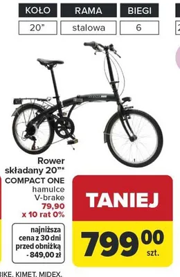 Rower składany 20" COMPACT ONE hamulce V-brake promocja w Carrefour