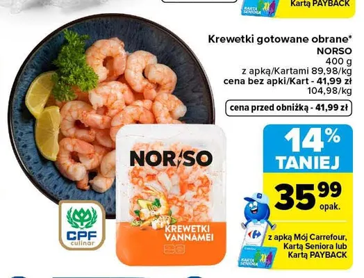 Krewetki gotowane obrane Norso promocja w Carrefour