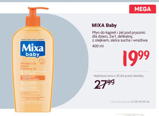Płyn do kąpieli i żel pod prysznic dla dzieci 2w1 delikatny z olejkiem skóra sucha i wrażliwa Mixa Baby promocja w Rossmann