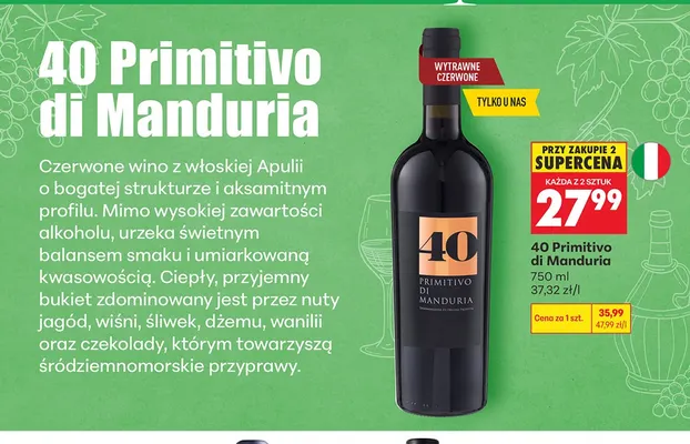 Wino czerwone 40 Primitivo di Manduria promocja w Biedronka