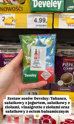 Zestaw sosów Tabasco, sałatkowy z jogurtem, sałatkowy z ziołami, vinaigrette z ziołami oraz sałatkowy z octem balsamicznym promocja w Dino