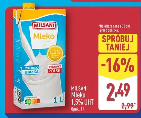Mleko 1,5% UHT  promocja w Aldi