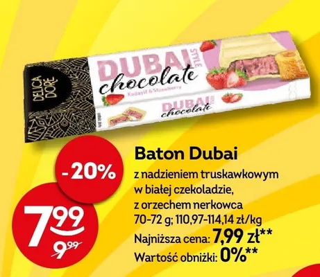 Baton Dubai z nadzieniem truskawkowym w białej czekoladzie, z orzechem nerkowca promocja w Żabka