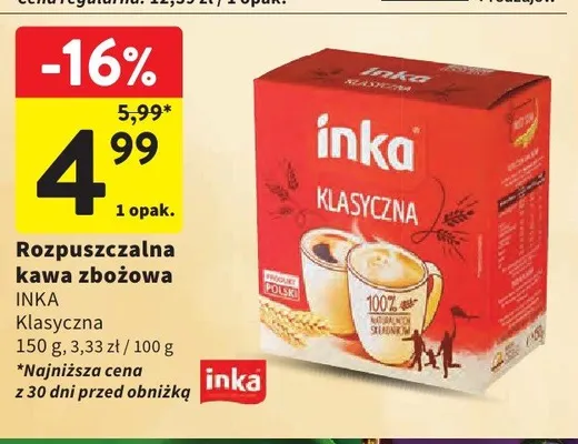 Rozpuszczalna kawa zbożowa Inka Klasyczna promocja w Intermarche