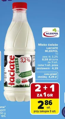 Mleko świeże Łaciate Mlekpol zaw. tł. 3,2% promocja w Carrefour