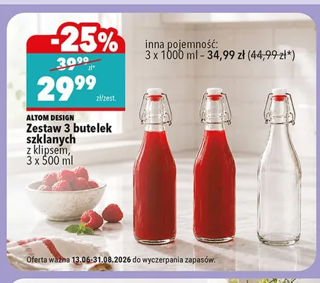 Zestaw 3 butelek szklanych z klipsem Altom Design 3-pak 500 ml promocja w Biedronka