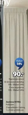 Zasłona HITRA poliester z kanalikiem i taśmą 1xS140xD300cm promocja w Jysk