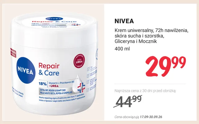 Krem uniwersalny 72h nawilżenia skóra sucha i szorstka gliceryna i mocznik Nivea promocja w Rossmann