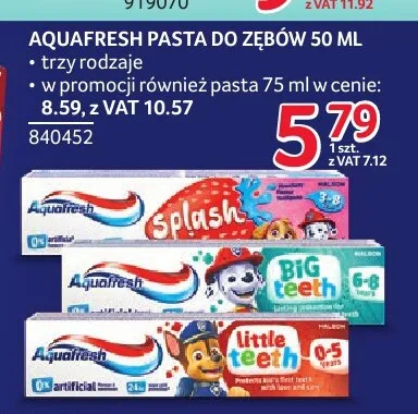 Pasta do zębów dla dzieci Aquafresh Splash promocja w Selgros