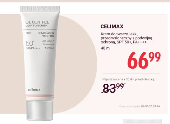 Krem do twarzy lekki przeciwsłoneczny z podwójną ochroną SPF 50+ PA++++ Celimax promocja w Rossmann