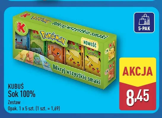 Sok 100% Kubuś Zestaw Pokémon 5-pak promocja w Aldi