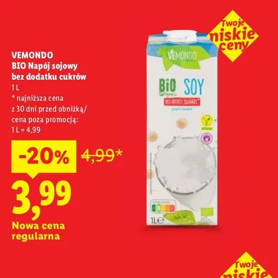 Napój sojowy bez dodatku cukrów Vemondo promocja w Lidl
