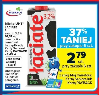 Mleko UHT Łaciate 3,2% promocja w Carrefour Market
