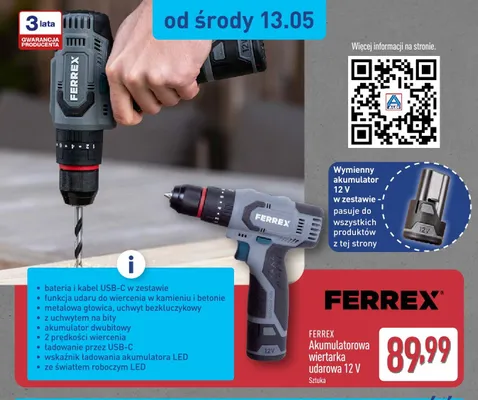 Akumulatorowa wiertarka udarowa FERREX 12V promocja w Aldi