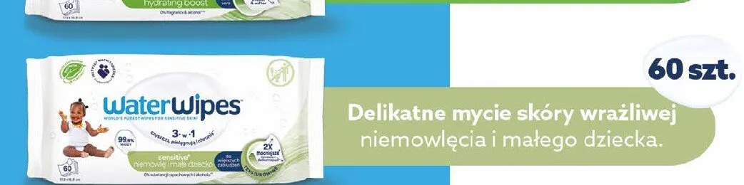Chusteczki delikatne mycie skóry wrażliwej niemowlęcia i małego dziecka WaterWipes promocja w Rossmann