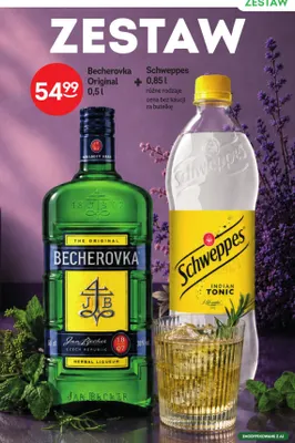 Zestaw Becherovka Original 0,5 l + Schweppes 0,85 promocja w Żabka