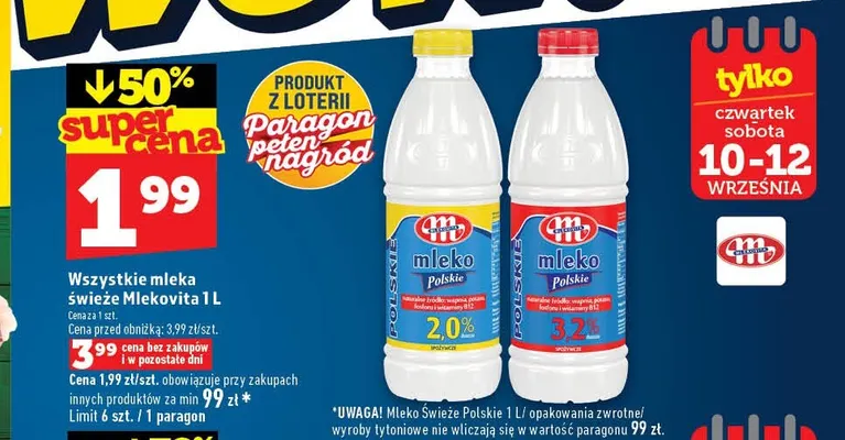 Mleko świeże Polskie Mlekovita 3,2% promocja w TOPAZ