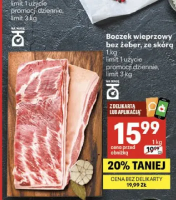 Boczek wieprzowy bez żeber ze skórą promocja w Delikatesy Centrum
