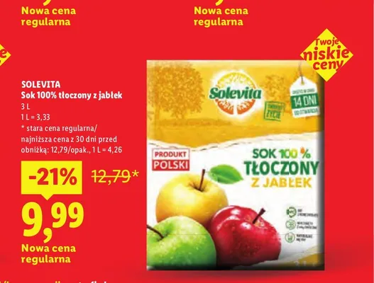 Sok 100% tłoczony z jabłek Solevita promocja w Lidl