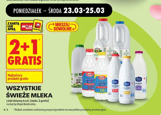 Mleko świeże 2+1 GRATIS promocja w Biedronka