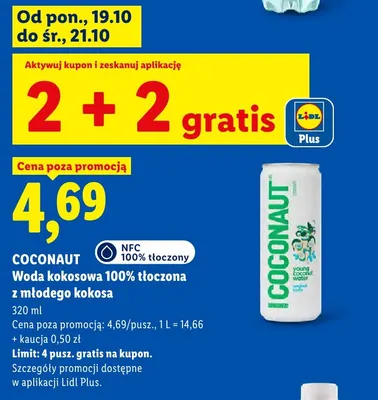 Woda kokosowa Coconaut 100% tłoczona z młodego kokosa promocja w Lidl