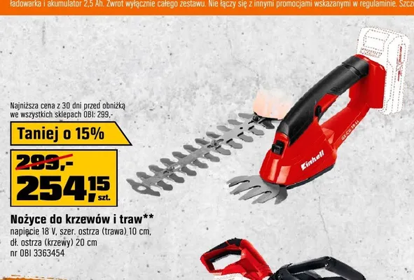 Nożyce do krzewów i traw Einhell napięcie 18V, szer. ostrza (trawa) 10cm, dł. ostrza (krzewy) 20cm promocja w OBI