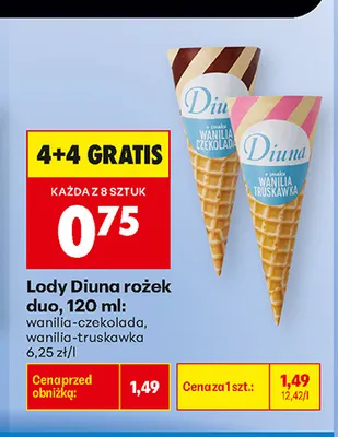 Lody Diuna rożek duo wanilia-truskawka promocja w Biedronka