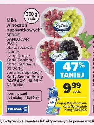Miks winogron bezpestkowych Serce Sanlucar białe, różowe, czarne promocja w Carrefour