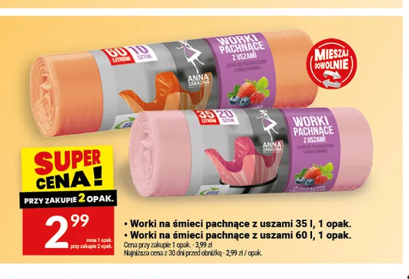 Worki na śmieci pachnące z uszami 60 l Anna Zaradna promocja w Twój Market