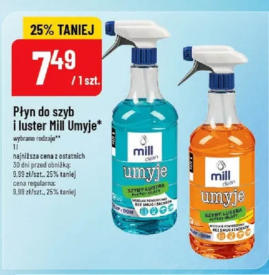 Płyn do szyb i luster Mill Clean Umyje niebieski promocja w POLOmarket