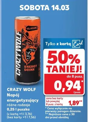 Napój energetyzujący Crazy Wolf różne rodzaje promocja w Kaufland