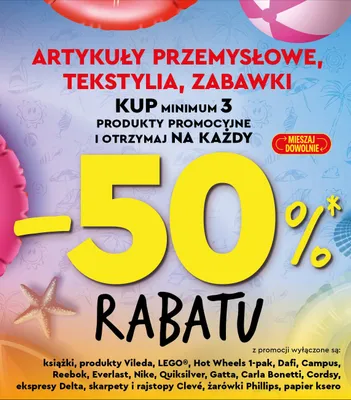 Artykuły przemysłowe, tekstylia, zabawki -50% przy zakupie 3 promocja w Biedronka