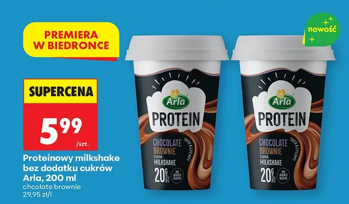 Milkshake proteinowy chocolate brownie bez dodatku cukrów promocja w Biedronka