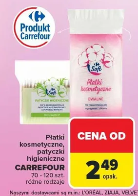 Płatki kosmetyczne, patyczki higieniczne Carrefour 70 - 120 szt. różne rodzaje promocja w Carrefour